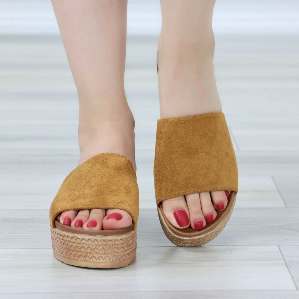 Faux Suede Tan Comfort Platform Sandal Slip On Sliders - Picture 3 of 14